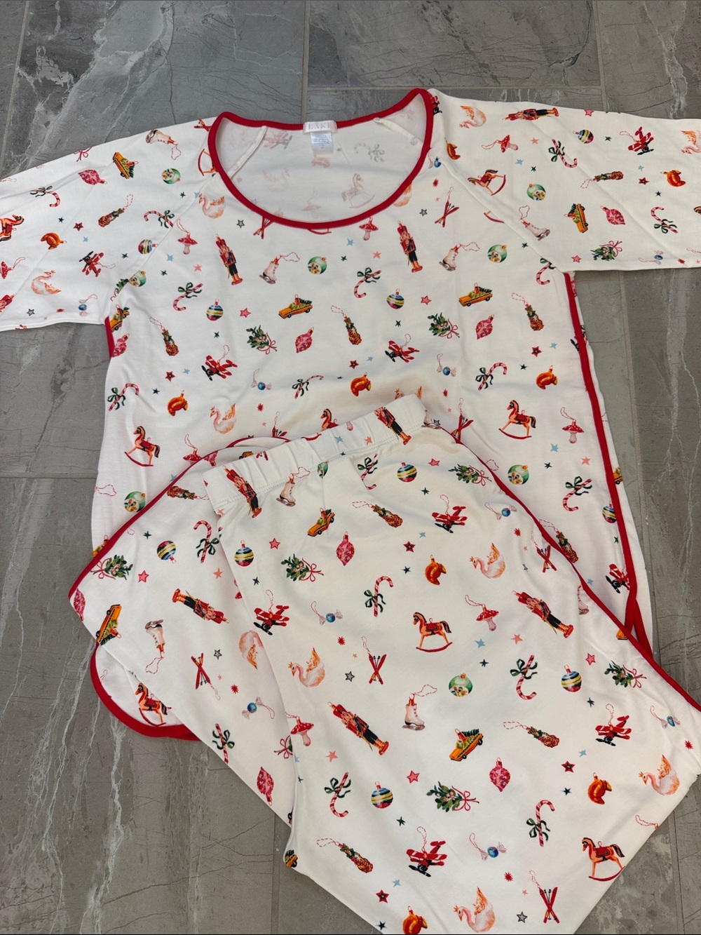 LAKE women’s  White Christmas Print Pajama Set with Red Trim-limited edition